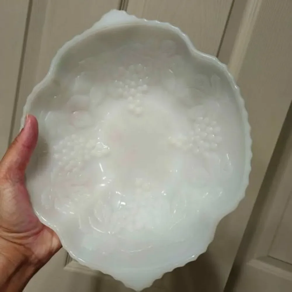 White Milk Glass Grape Pattern Bowl